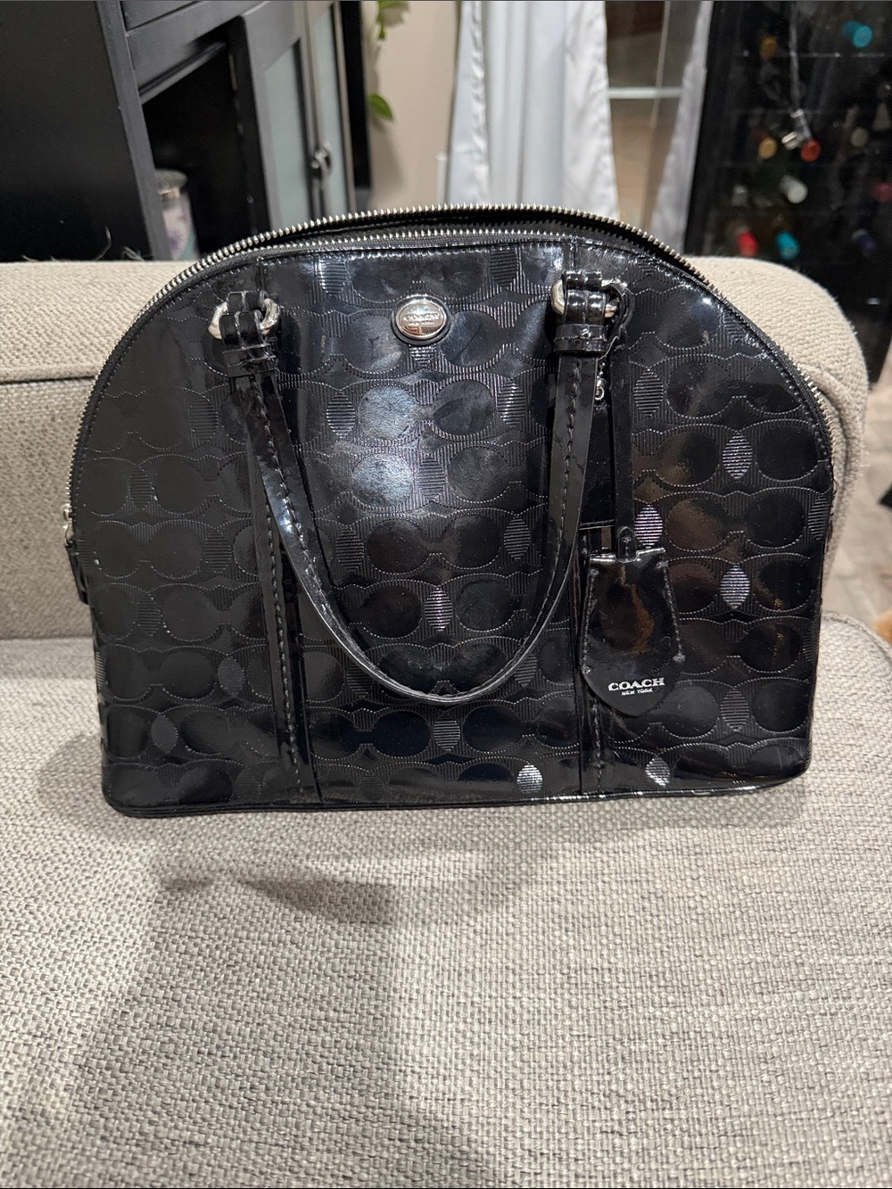 Vintage Coach Purse Shiny Black Patent Leather Dome Satchel Embossed Logo